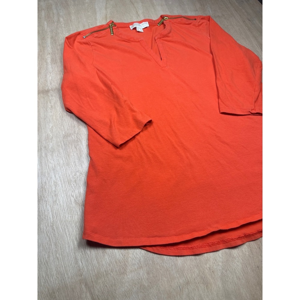 Michael Kors Orange V Neck 3/4 Sleeve Top Gold Zip Detail Women's Size XL - Picture 2 of 8